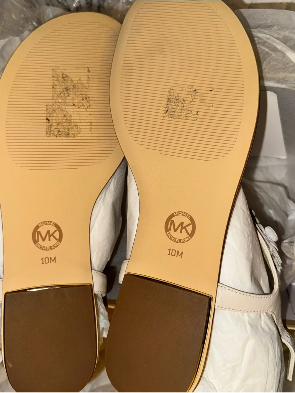 Michael Kors “Tricia” White Floral T-Strap Sandal with Gold Trim